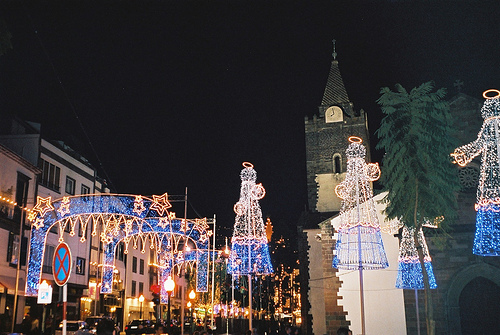 City of Funchal Decorated for Christmas. Cathedral Tower is in the Background. Photo: Paul Stephenson, Flickr
