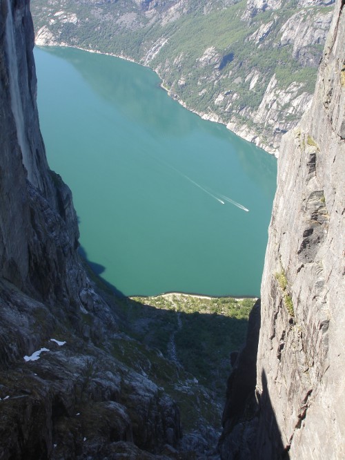 View of Lysefjord from the Perspective of a Person Standing on Top of Kjeragbolten, Photo: Kjwathne, Wikipedia